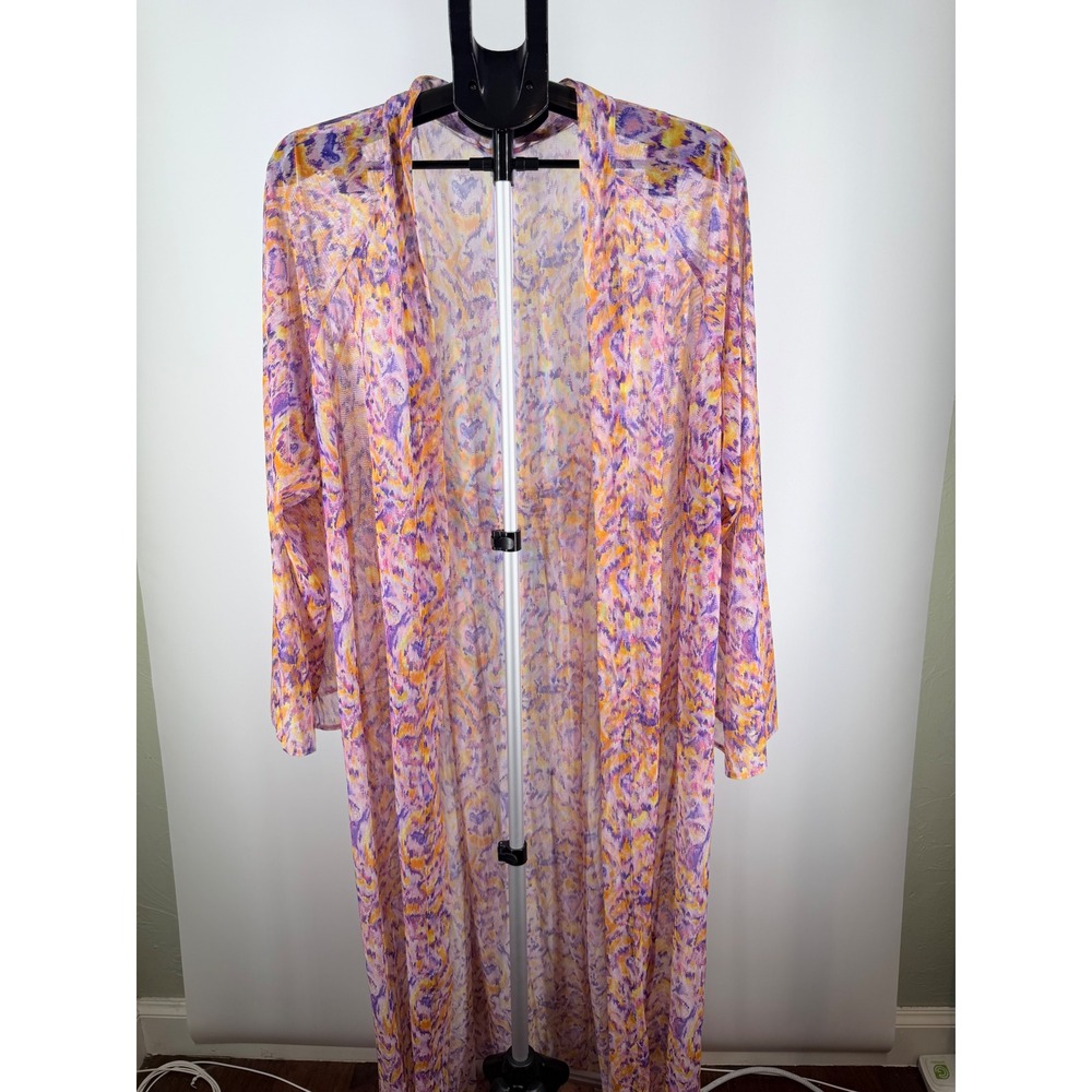 Savage X Fenty Mesh Maxi Robe XL/1X Purple Orange Watercolor Lace Up Back Duster